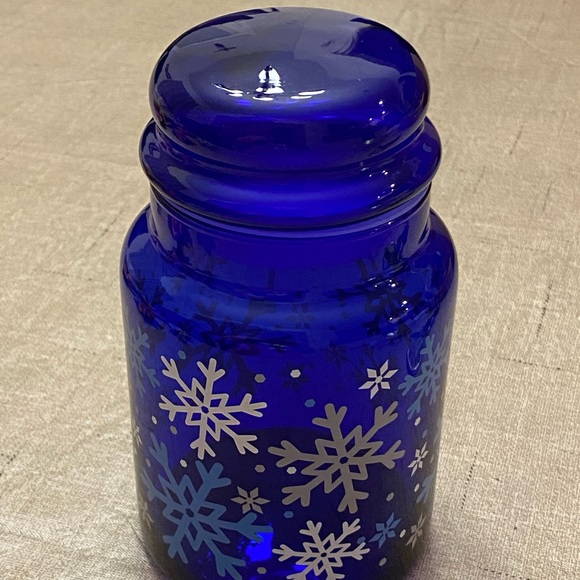 Vintage Libbey Cobalt Blue Glass Jar Canister with Lid Christmas Snowflakes - Picture 9 of 9